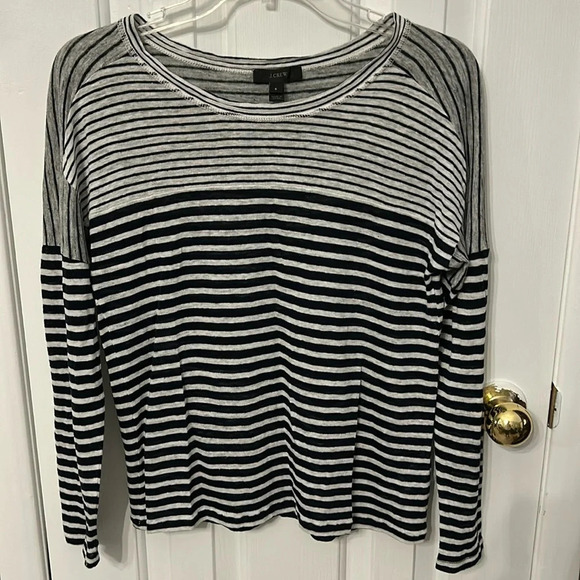 J Crew Women’s (S) Navy Gray 100% Linen Crewneck Long sleeve Nautical Top - Picture 1 of 6